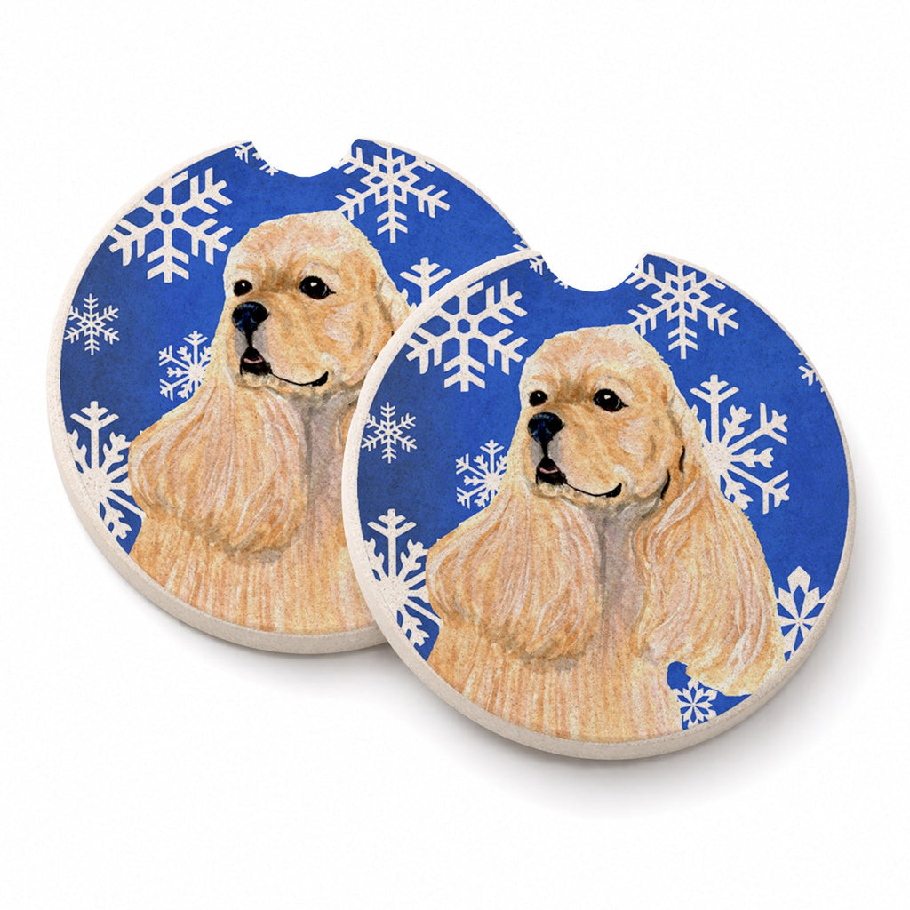 Cocker Spaniel Winter Snowflakes Holiday Set of 2 Cup Holder Car Coasters Absorbent Round Sandstone Coasters Gifts for Men or Women, 2.5, Multicolor