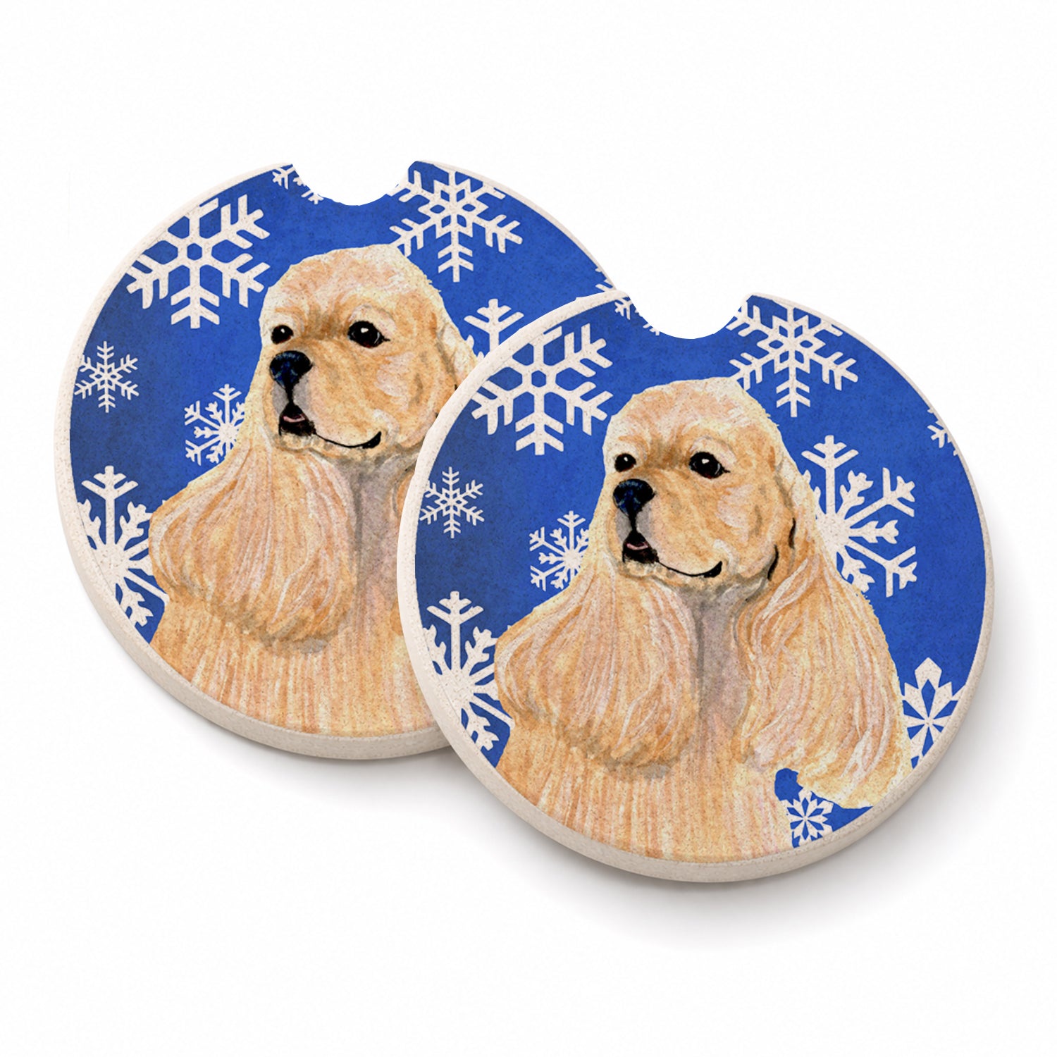 Cocker Spaniel Winter Snowflakes Holiday Set of 2 Cup Holder Car Coasters Absorbent Round Sandstone Coasters Gifts for Men or Women, 2.5, Multicolor