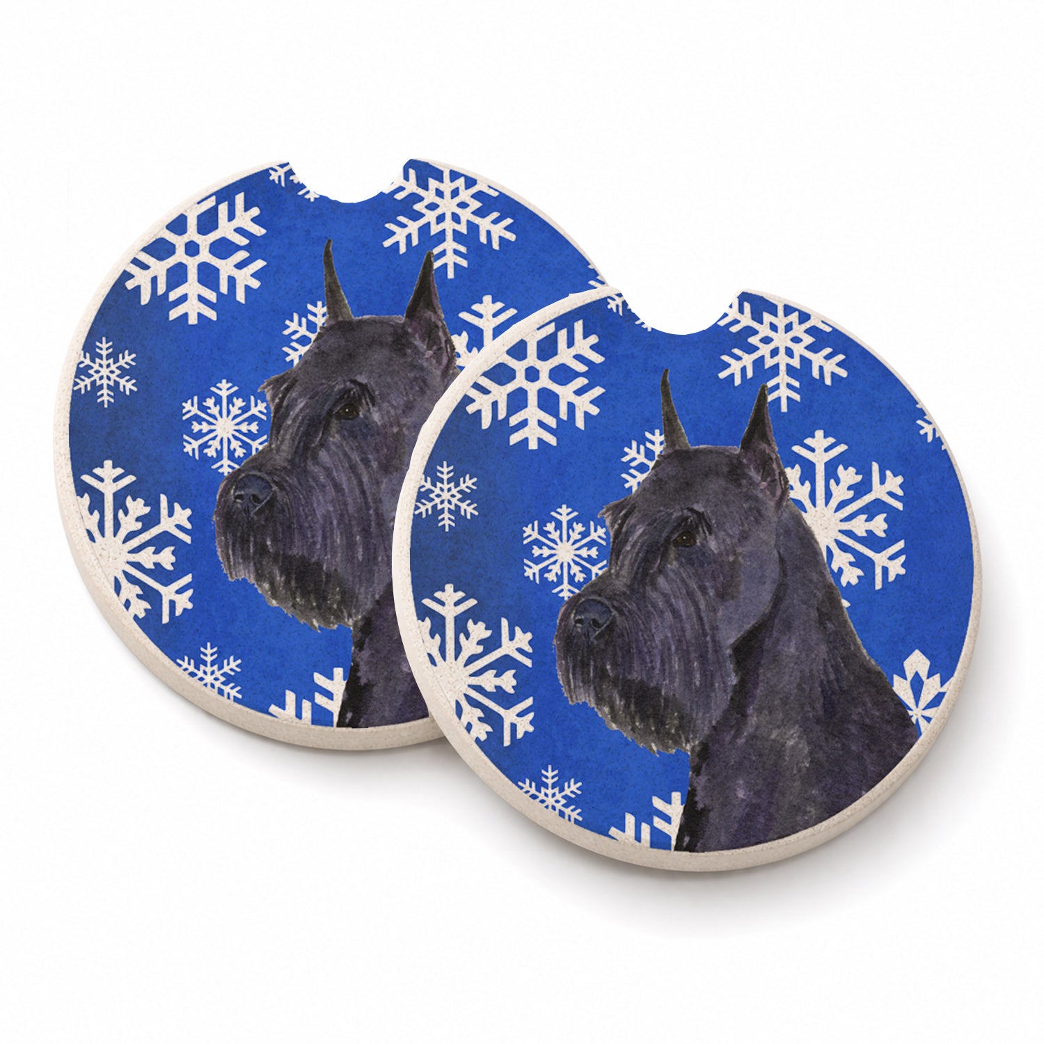 Schnauzer Winter Snowflakes Holiday Set of 2 Cup Holder Car Coasters Absorbent Round Sandstone Coasters Gifts for Men or Women, 2.5, Multicolor