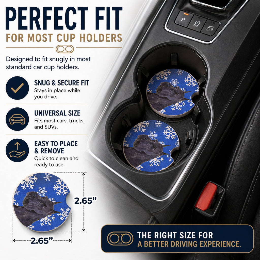 Schnauzer Winter Snowflakes Holiday Set of 2 Cup Holder Car Coasters Absorbent Round Sandstone Coasters Gifts for Men or Women, 2.5, Multicolor
