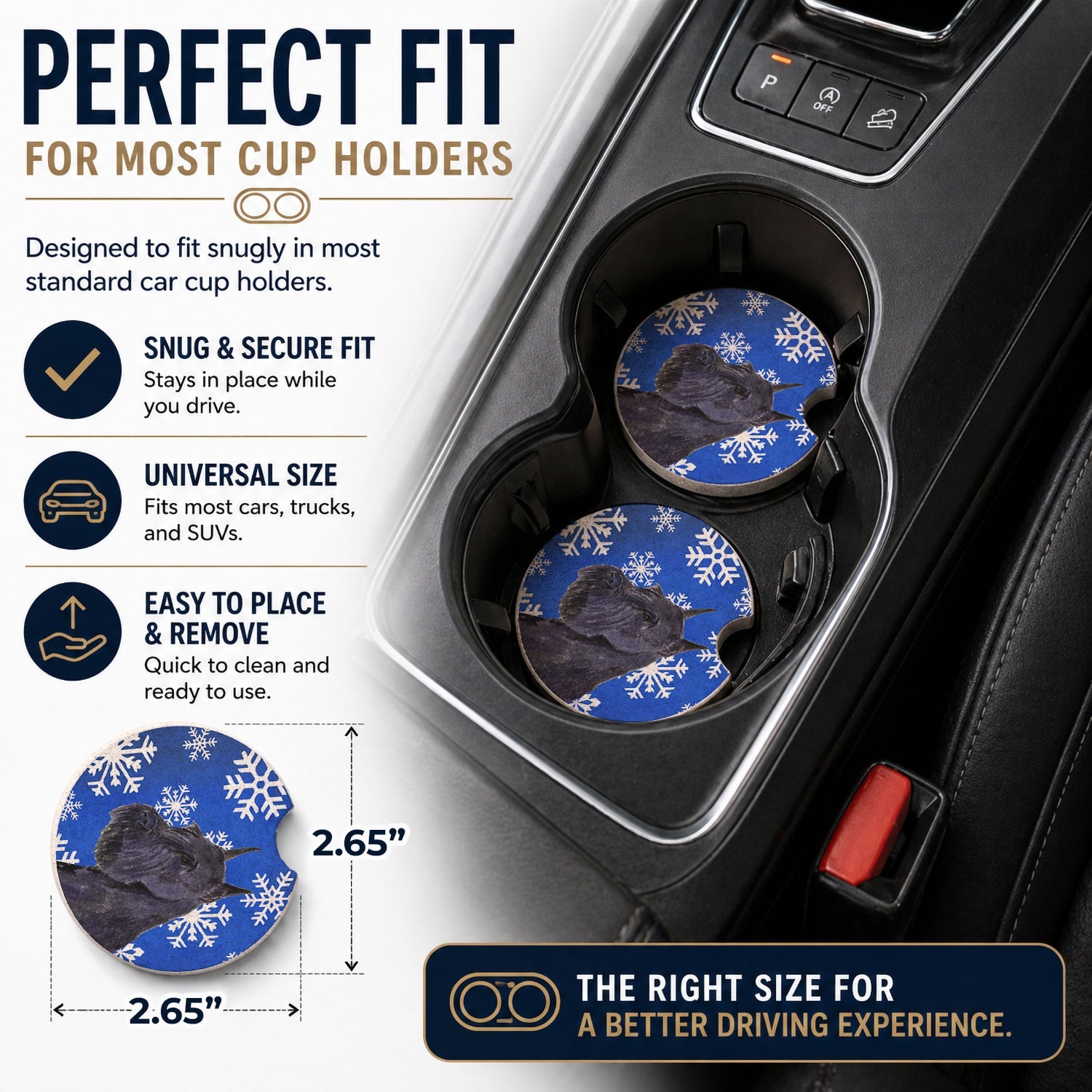 Schnauzer Winter Snowflakes Holiday Set of 2 Cup Holder Car Coasters Absorbent Round Sandstone Coasters Gifts for Men or Women, 2.5, Multicolor
