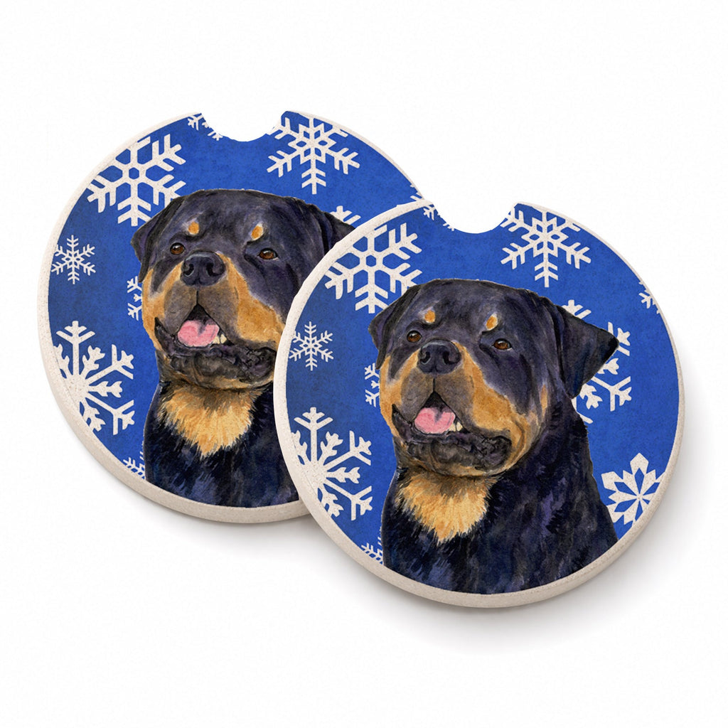 Rottweiler Winter Snowflakes Holiday Set of 2 Cup Holder Car Coasters Absorbent Round Sandstone Coasters Gifts for Men or Women, 2.5, Multicolor