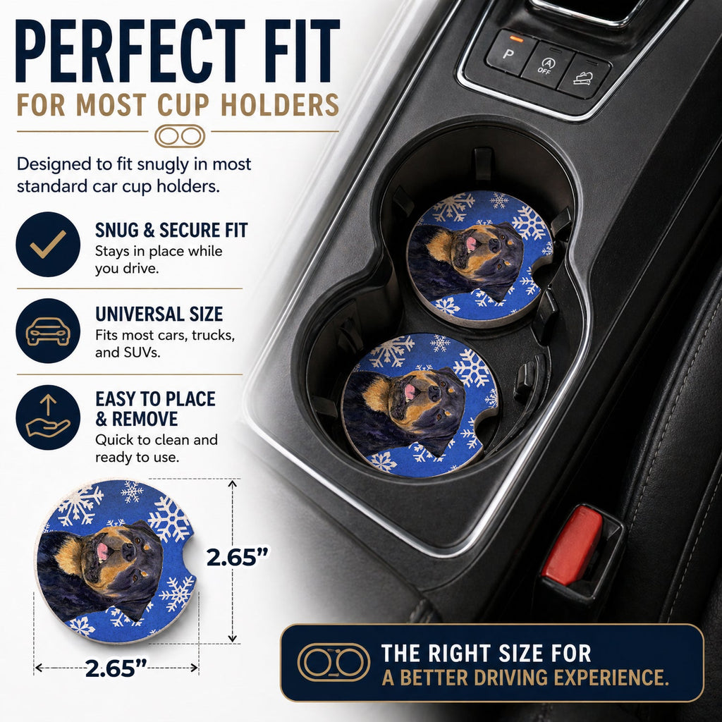 Rottweiler Winter Snowflakes Holiday Set of 2 Cup Holder Car Coasters Absorbent Round Sandstone Coasters Gifts for Men or Women, 2.5, Multicolor