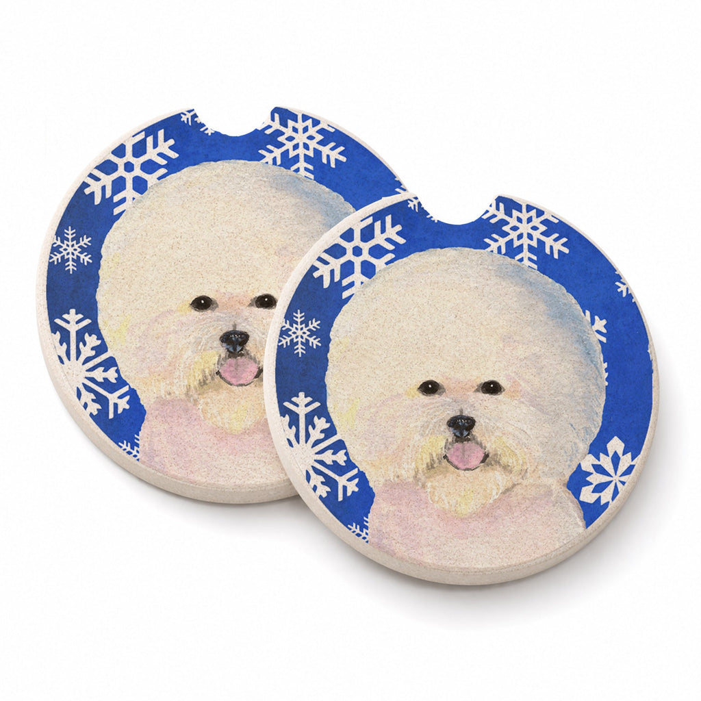 Bichon Frise Winter Snowflakes Holiday Set of 2 Cup Holder Car Coasters Absorbent Round Sandstone Coasters Gifts for Men or Women, 2.5, Multicolor