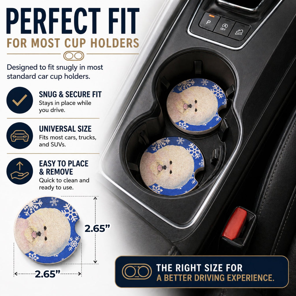 Bichon Frise Winter Snowflakes Holiday Set of 2 Cup Holder Car Coasters Absorbent Round Sandstone Coasters Gifts for Men or Women, 2.5, Multicolor