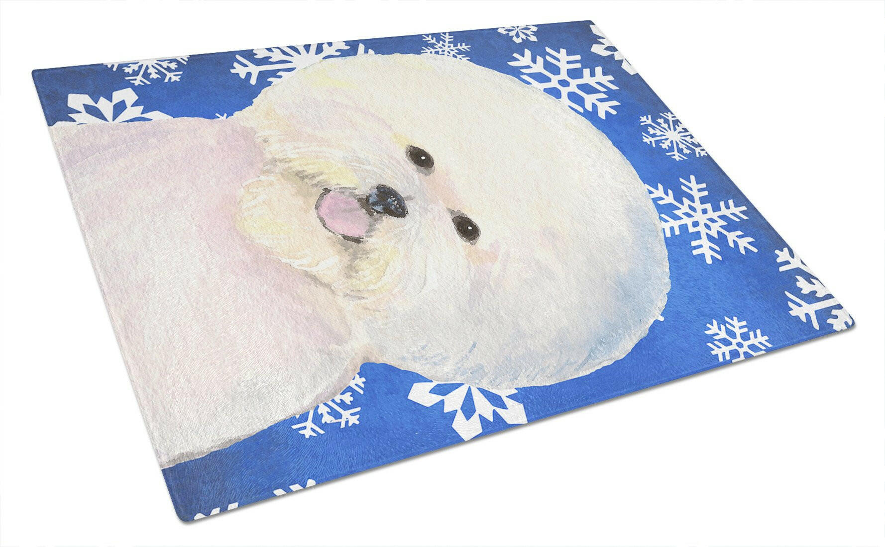 Bichon Frise Winter Snowflakes Holiday Cutting Board Tempered Glass Kitchen Cutting Surface, Heat Resistant Chopping, Non-Slip Feet, Food Prep & Serving