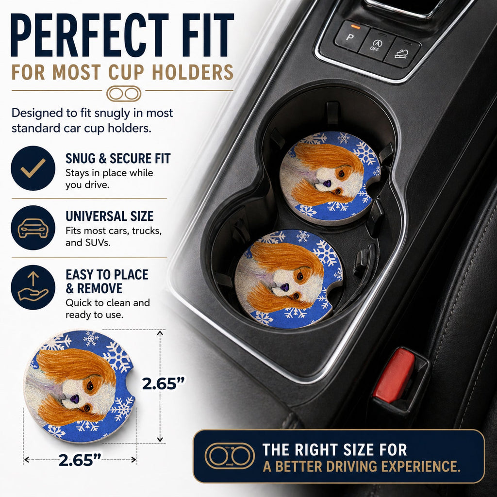 Cavalier Spaniel Winter Snowflakes Holiday Set of 2 Cup Holder Car Coasters Absorbent Round Sandstone Coasters Gifts for Men or Women, 2.5, Multicolor