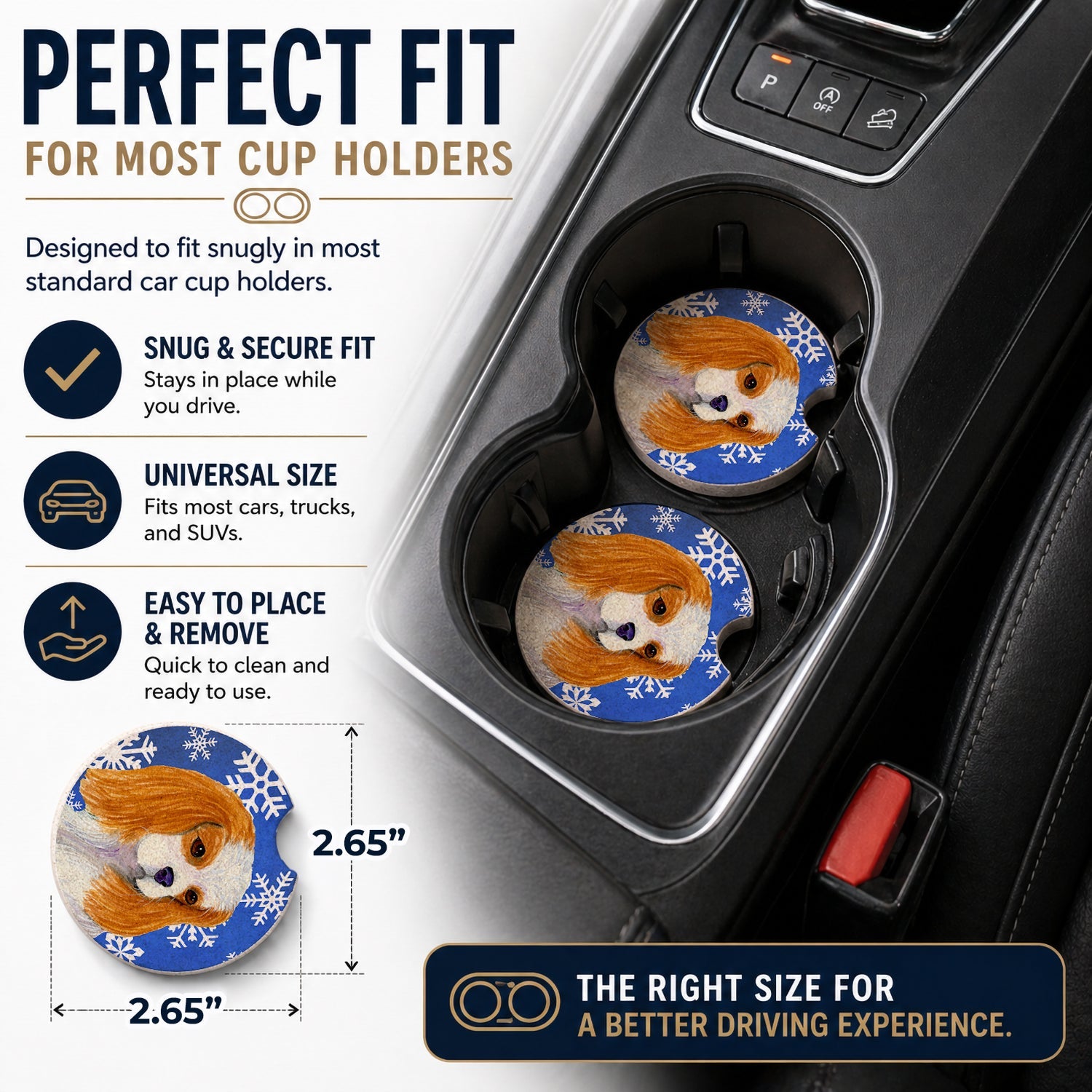 Cavalier Spaniel Winter Snowflakes Holiday Set of 2 Cup Holder Car Coasters Absorbent Round Sandstone Coasters Gifts for Men or Women, 2.5, Multicolor