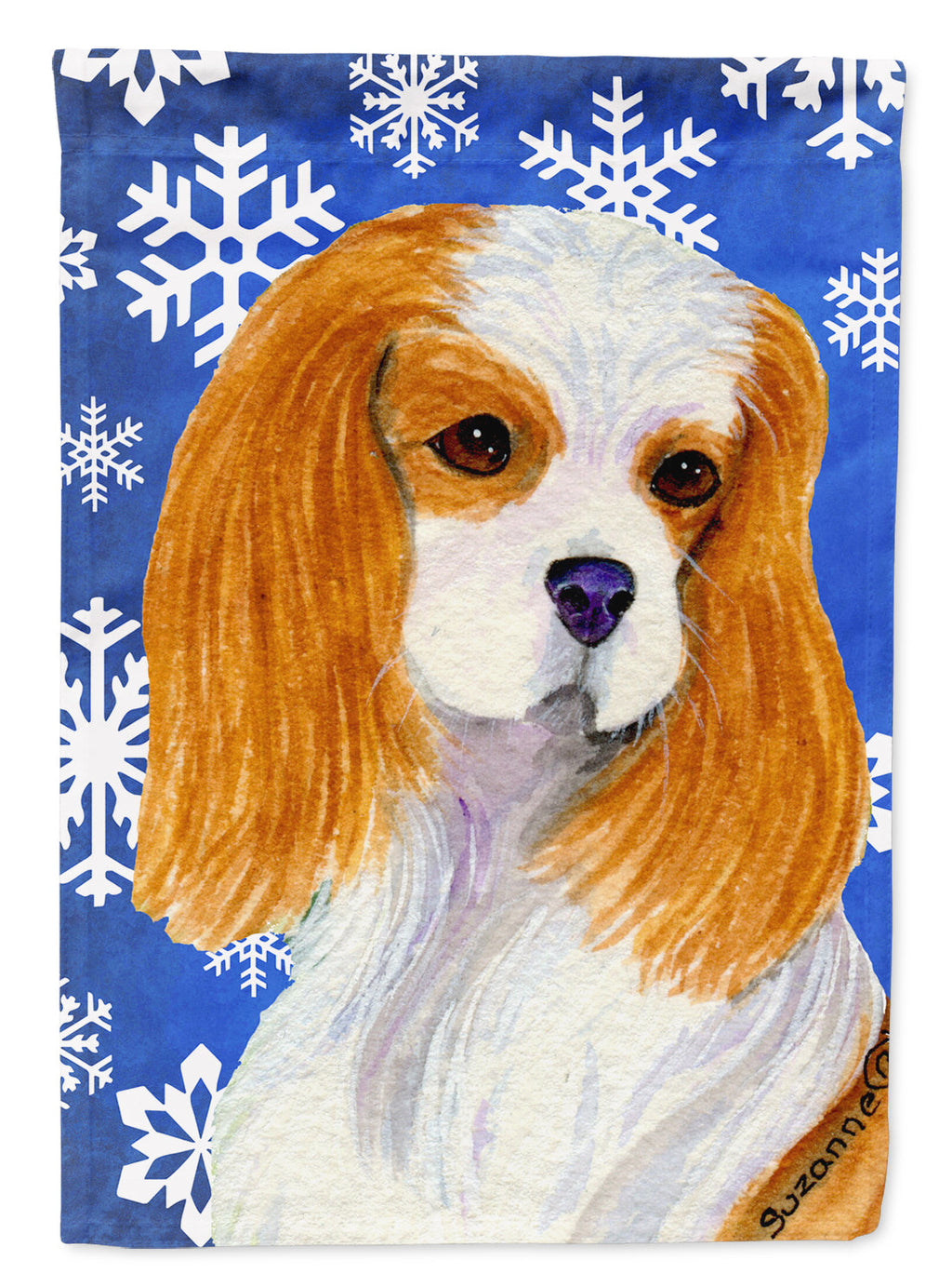 Cavalier Spaniel Winter Snowflakes Holiday House Flag 28x40 Porch Sleeve Pole Decorative Outside Yard Banner Artwork Wall Hanging, Polyester