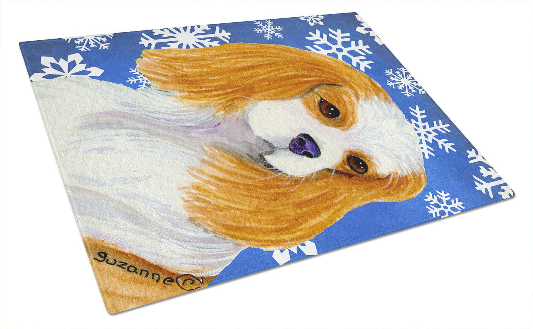 Cavalier Spaniel Winter Snowflakes Holiday Cutting Board Tempered Glass Kitchen Cutting Surface, Heat Resistant Chopping, Non-Slip Feet, Food Prep & Serving