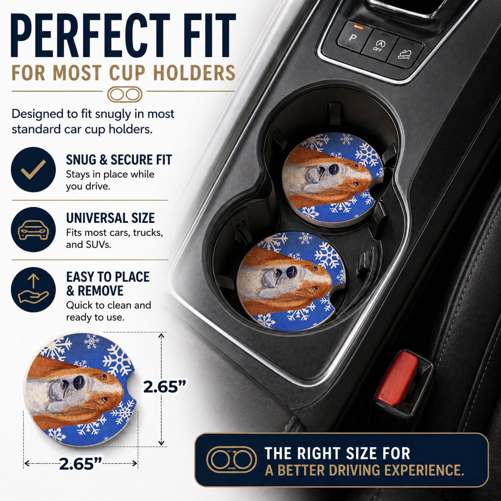 Basset Hound Winter Snowflakes Holiday Set of 2 Cup Holder Car Coasters Absorbent Round Sandstone Coasters Gifts for Men or Women, 2.5, Multicolor