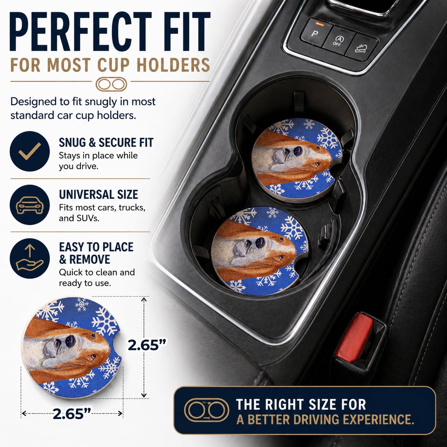 Basset Hound Winter Snowflakes Holiday Set of 2 Cup Holder Car Coasters Absorbent Round Sandstone Coasters Gifts for Men or Women, 2.5, Multicolor