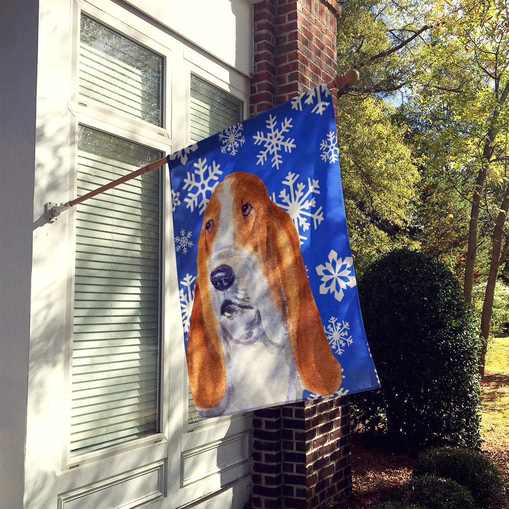 Basset Hound Winter Snowflakes Holiday House Flag 28x40 Porch Sleeve Pole Decorative Outside Yard Banner Artwork Wall Hanging, Polyester