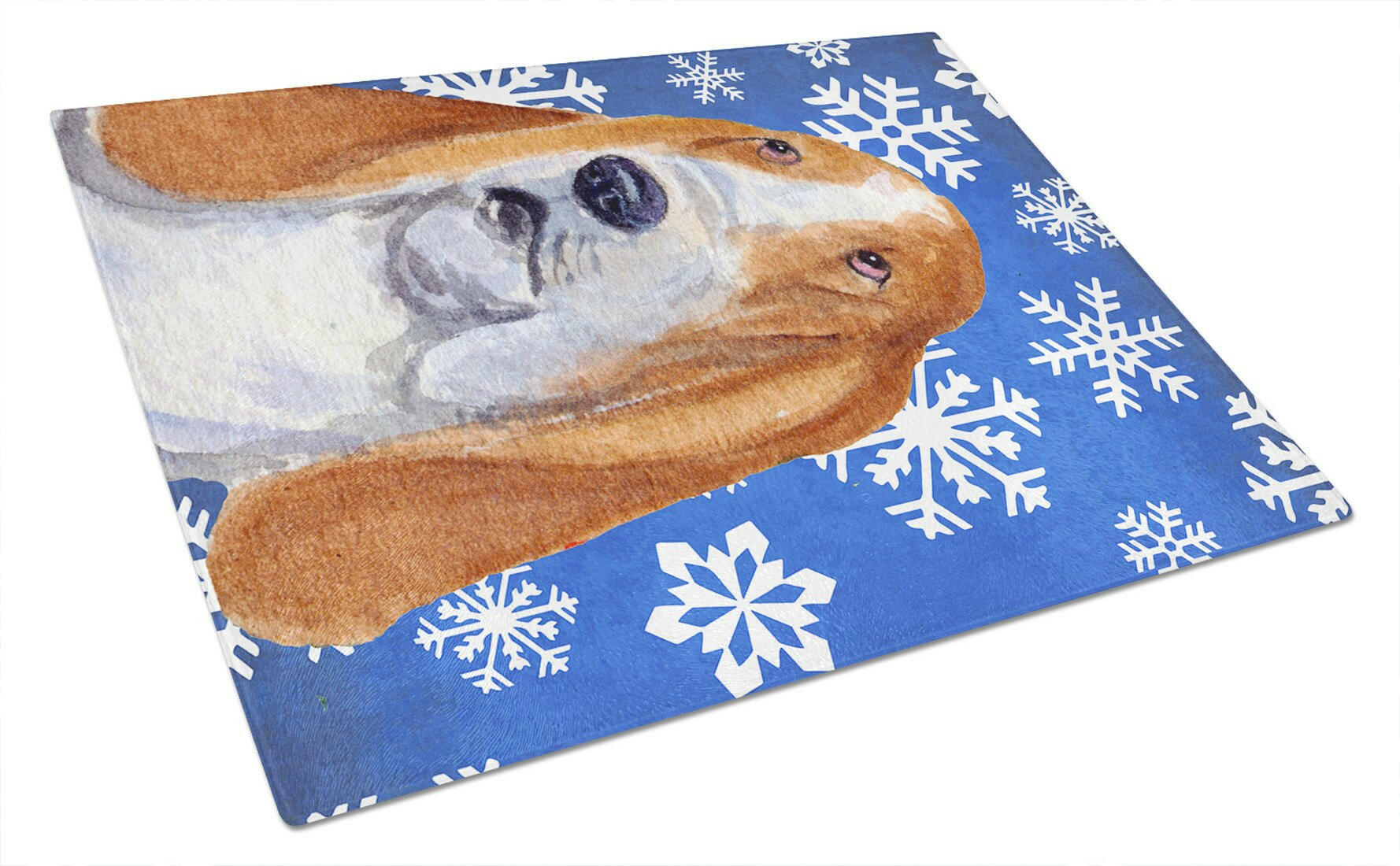 Basset Hound Winter Snowflakes Holiday Cutting Board Tempered Glass Kitchen Cutting Surface, Heat Resistant Chopping, Non-Slip Feet, Food Prep & Serving