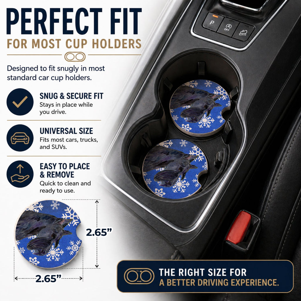 Scottish Terrier Winter Snowflakes Holiday Set of 2 Cup Holder Car Coasters Absorbent Round Sandstone Coasters Gifts for Men or Women, 2.5, Multicolor