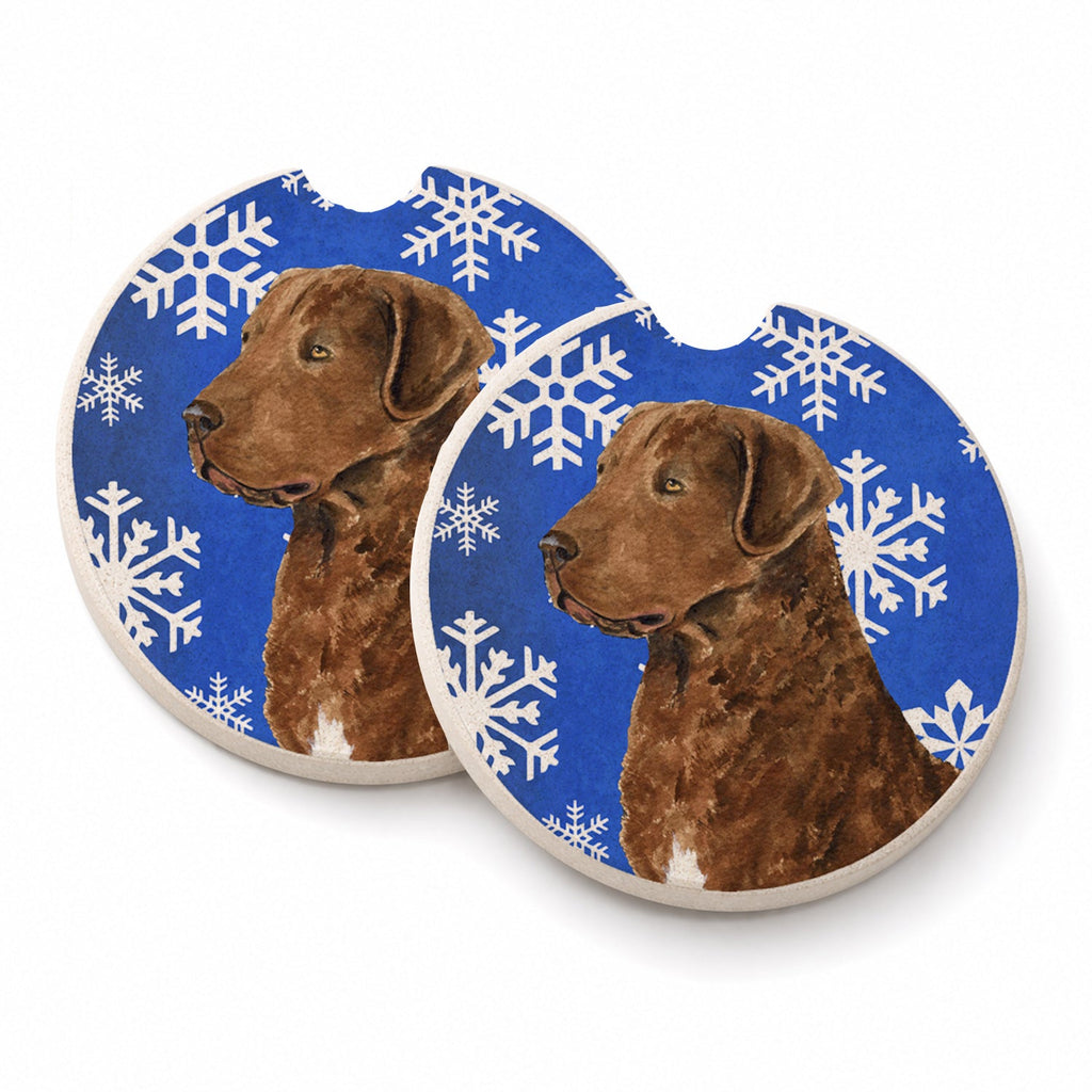 Chesapeake Bay Retriever Winter Snowflakes Holiday Set of 2 Cup Holder Car Coasters Absorbent Round Sandstone Coasters Gifts for Men or Women, 2.5, Multicolor
