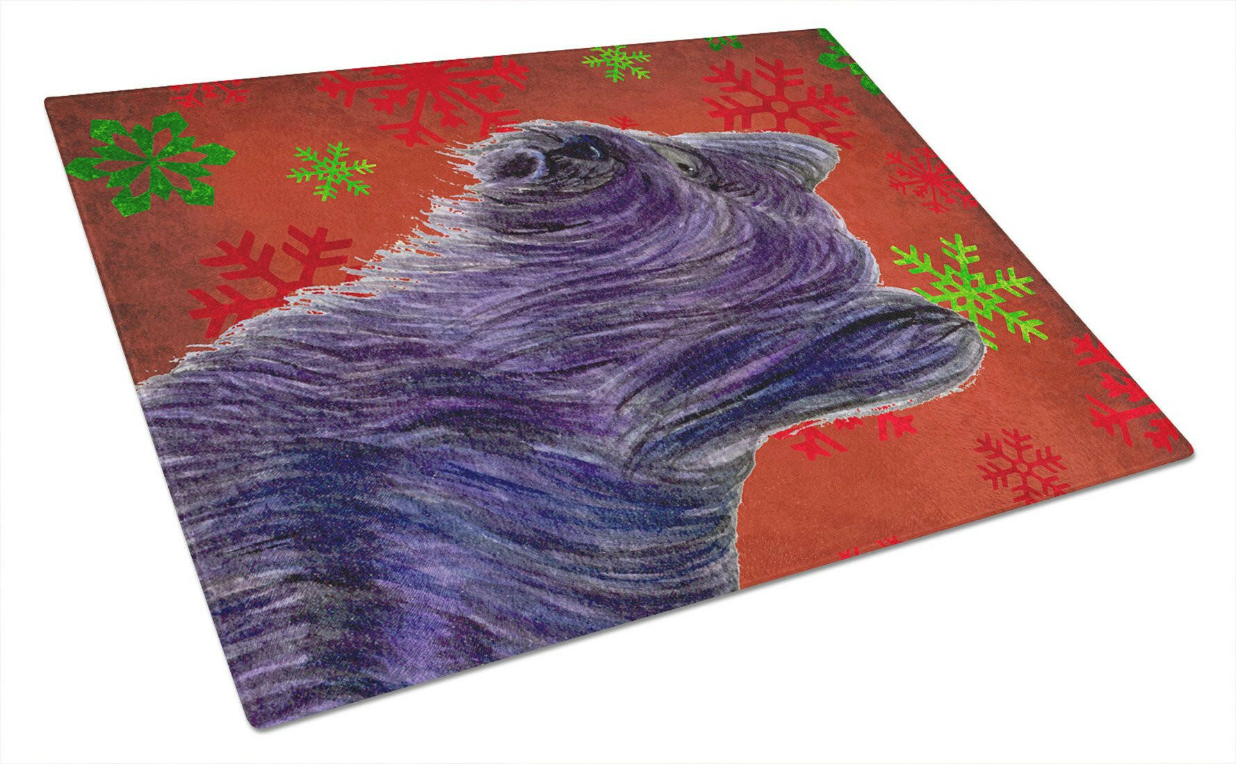 Skye Terrier Red Green Snowflake Holiday Christmas Cutting Board Tempered Glass Kitchen Cutting Surface, Heat Resistant Chopping, Non-Slip Feet, Food Prep & Serving