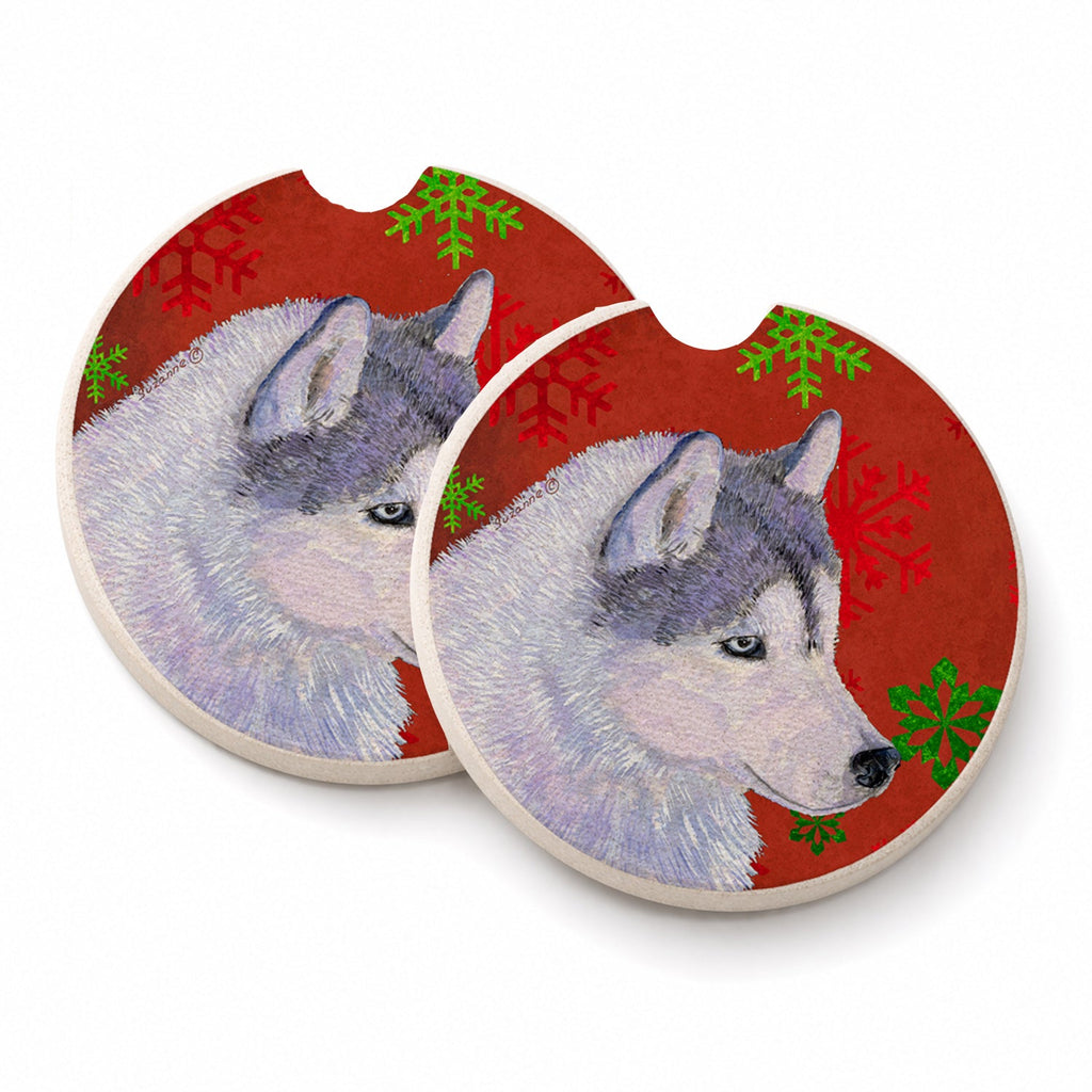 Siberian Husky Red Green Snowflake Holiday Christmas Set of 2 Cup Holder Car Coasters Absorbent Round Sandstone Coasters Gifts for Men or Women, 2.5, Multicolor