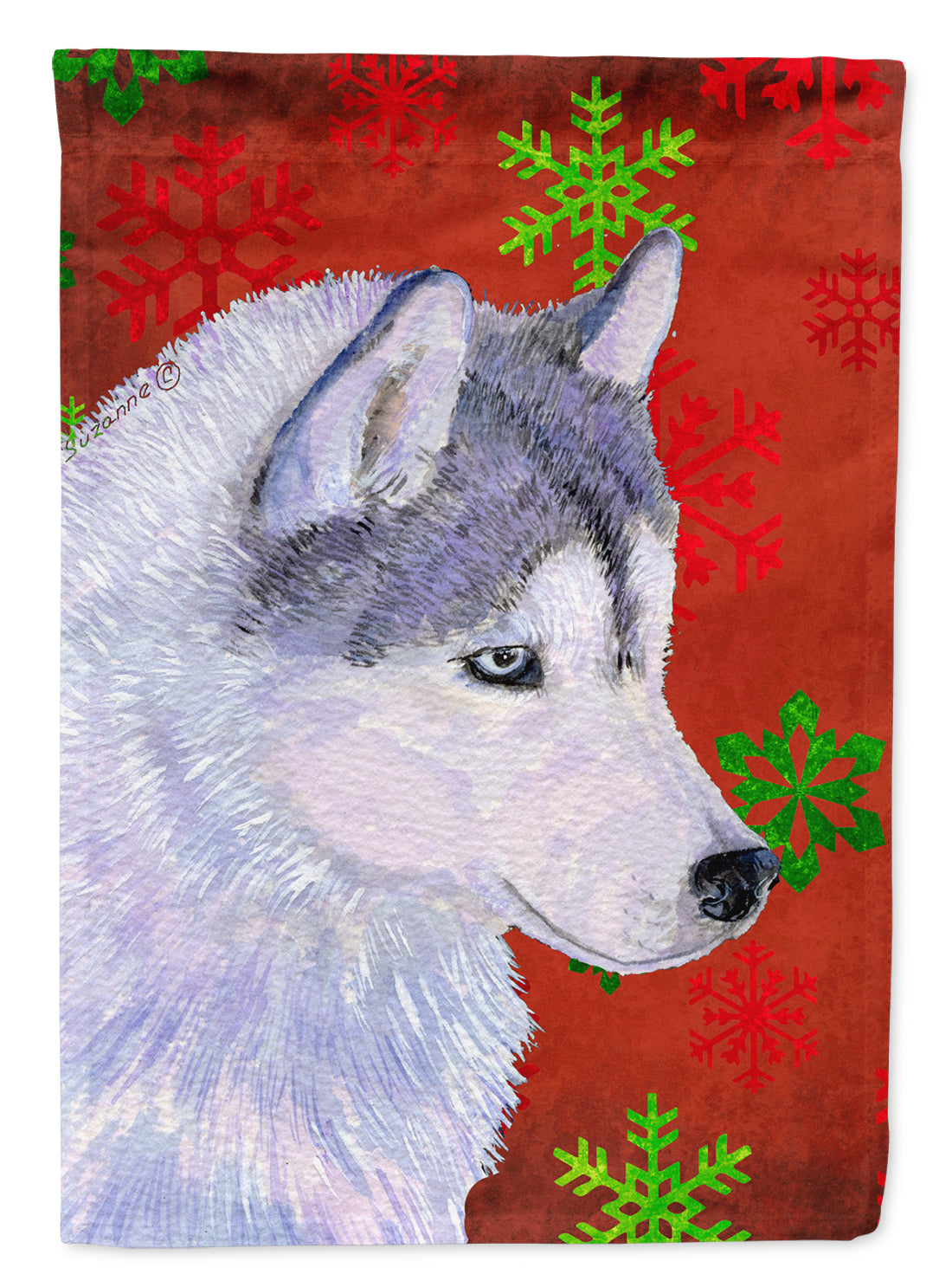 Siberian Husky Red Green Snowflake Holiday Christmas House Flag 28x40 Porch Sleeve Pole Decorative Outside Yard Banner Artwork Wall Hanging, Polyester