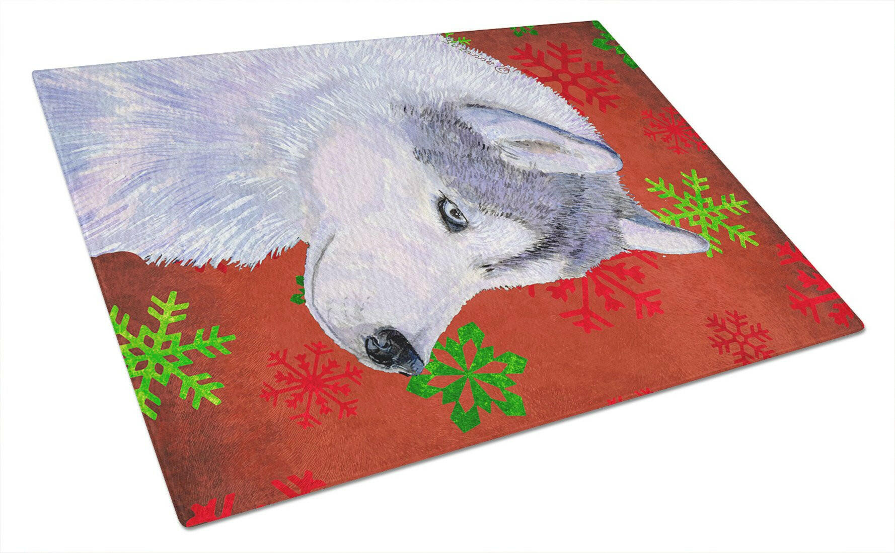Siberian Husky Red Green Snowflake Holiday Christmas Cutting Board Tempered Glass Kitchen Cutting Surface, Heat Resistant Chopping, Non-Slip Feet, Food Prep & Serving