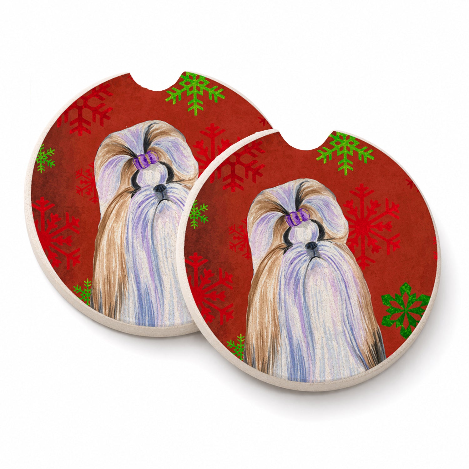 Shih Tzu Red and Green Snowflakes Holiday Christmas Set of 2 Cup Holder Car Coasters Absorbent Round Sandstone Coasters Gifts for Men or Women, 2.5, Multicolor