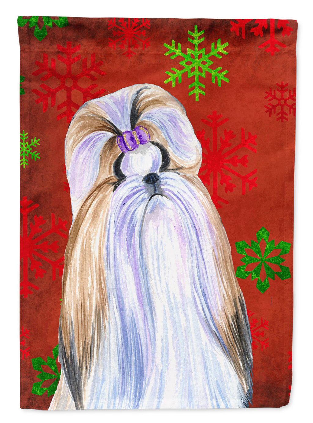 Shih Tzu Red and Green Snowflakes Holiday Christmas House Flag 28x40 Porch Sleeve Pole Decorative Outside Yard Banner Artwork Wall Hanging, Polyester