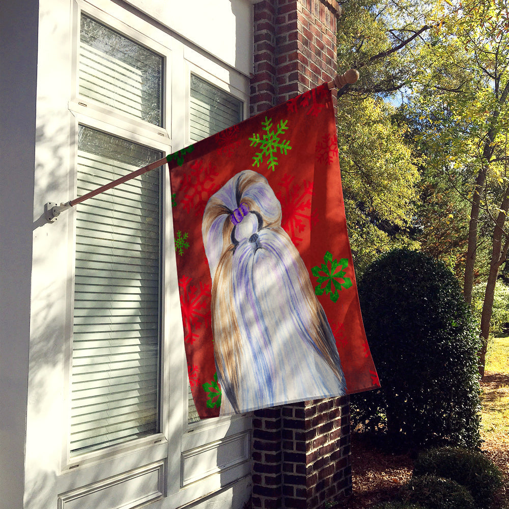 Shih Tzu Red and Green Snowflakes Holiday Christmas House Flag 28x40 Porch Sleeve Pole Decorative Outside Yard Banner Artwork Wall Hanging, Polyester
