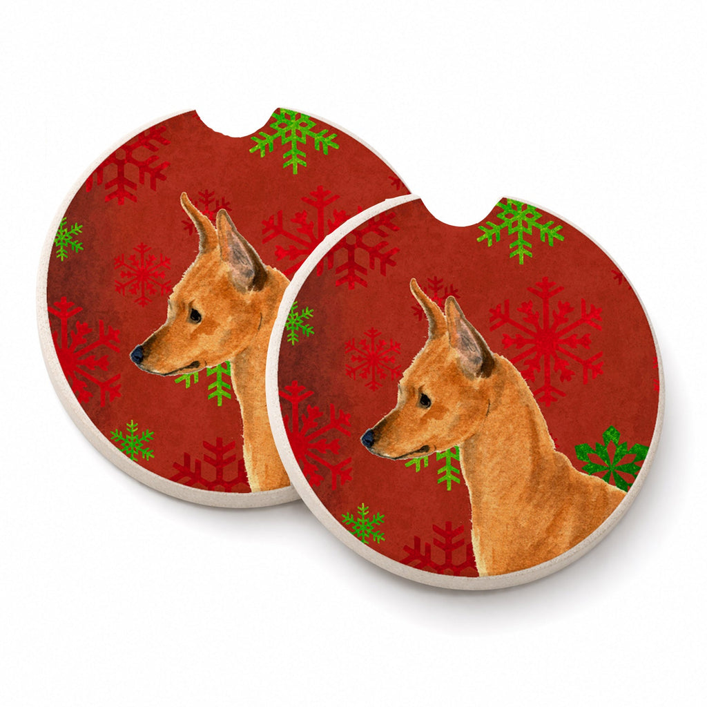 Min Pin Red and Green Snowflakes Holiday Christmas Set of 2 Cup Holder Car Coasters Absorbent Round Sandstone Coasters Gifts for Men or Women, 2.5, Multicolor