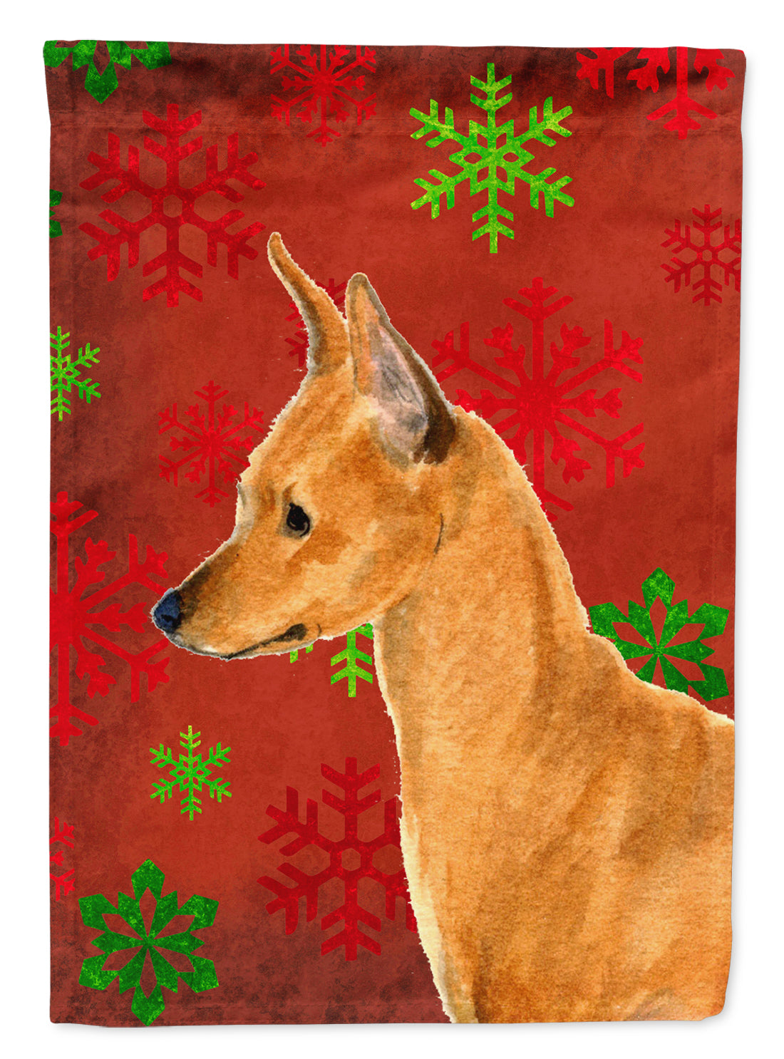 Min Pin Red and Green Snowflakes Holiday Christmas House Flag 28x40 Porch Sleeve Pole Decorative Outside Yard Banner Artwork Wall Hanging, Polyester