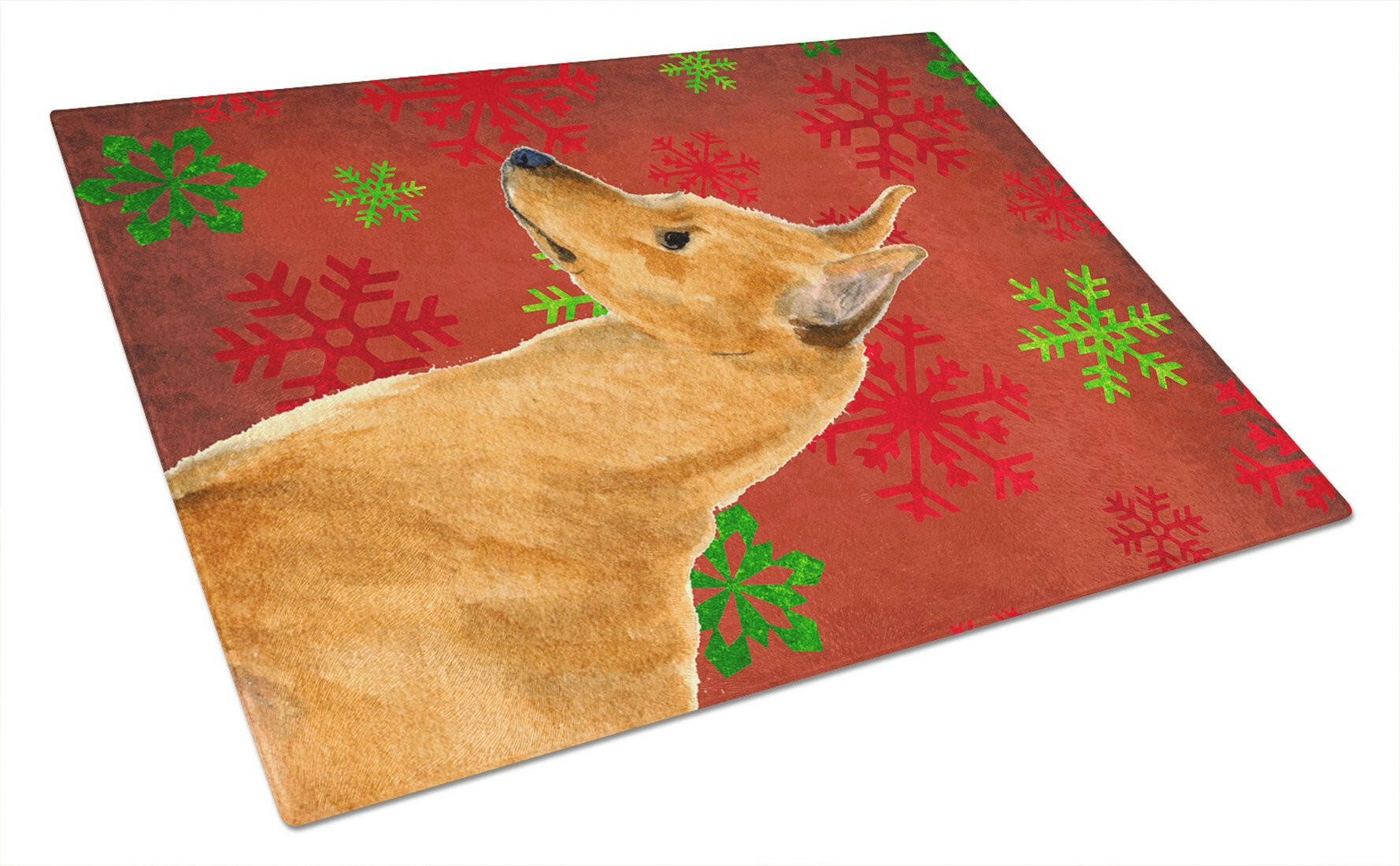 Min Pin Red and Green Snowflakes Holiday Christmas Cutting Board Tempered Glass Kitchen Cutting Surface, Heat Resistant Chopping, Non-Slip Feet, Food Prep & Serving