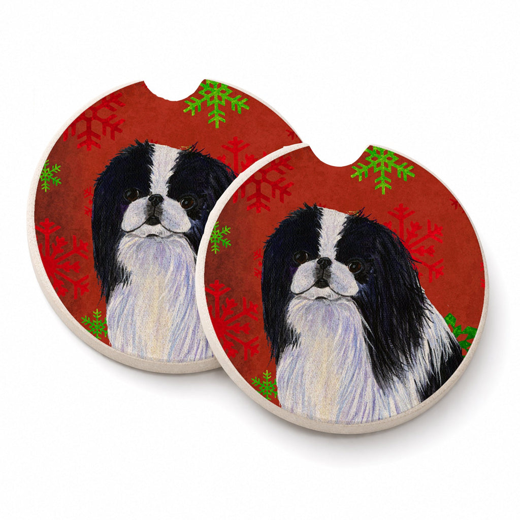 Japanese Chin Red and Green Snowflakes Holiday Christmas Set of 2 Cup Holder Car Coasters Absorbent Round Sandstone Coasters Gifts for Men or Women, 2.5, Multicolor