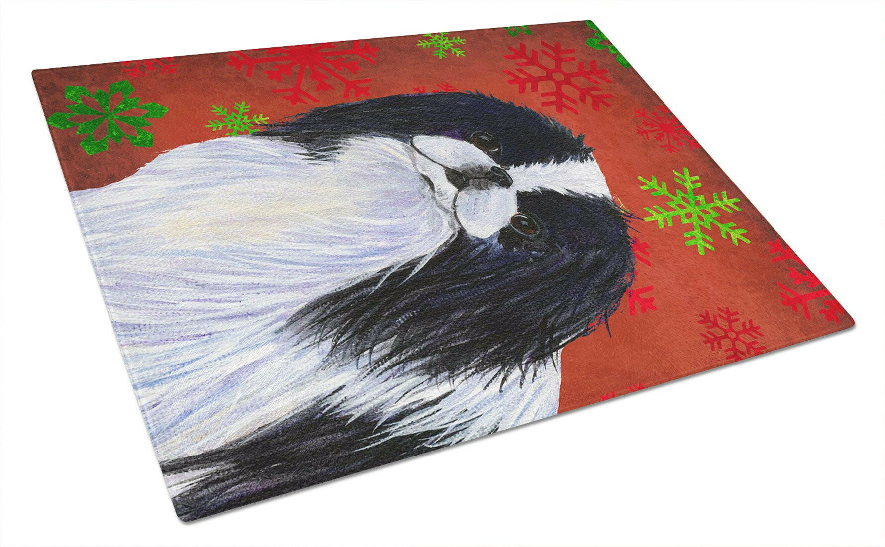 Japanese Chin Red and Green Snowflakes Holiday Christmas Cutting Board Tempered Glass Kitchen Cutting Surface, Heat Resistant Chopping, Non-Slip Feet, Food Prep & Serving
