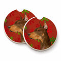 Doberman Red and Green Snowflakes Holiday Christmas Set of 2 Cup Holder Car Coasters Absorbent Round Sandstone Coasters Gifts for Men or Women, 2.5, Multicolor