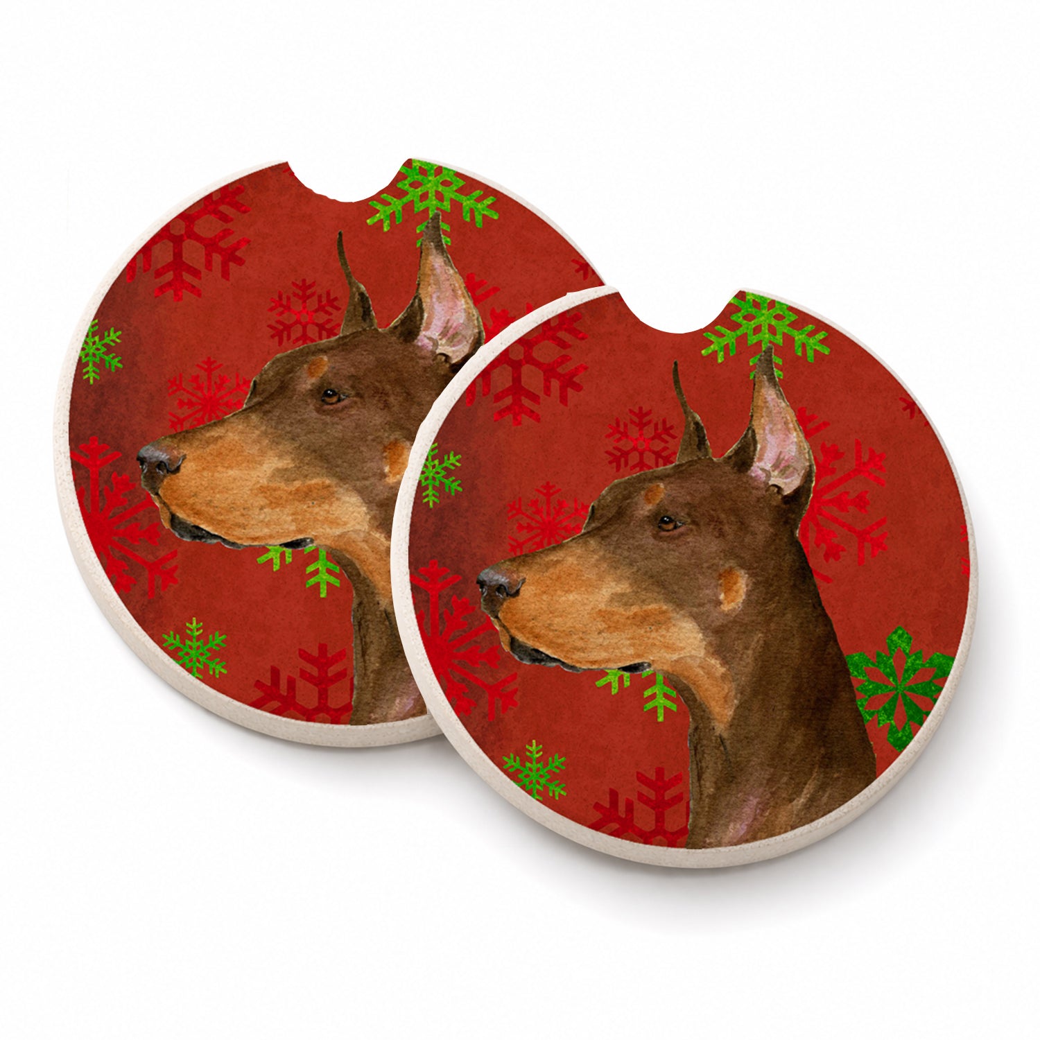 Doberman Red and Green Snowflakes Holiday Christmas Set of 2 Cup Holder Car Coasters Absorbent Round Sandstone Coasters Gifts for Men or Women, 2.5, Multicolor