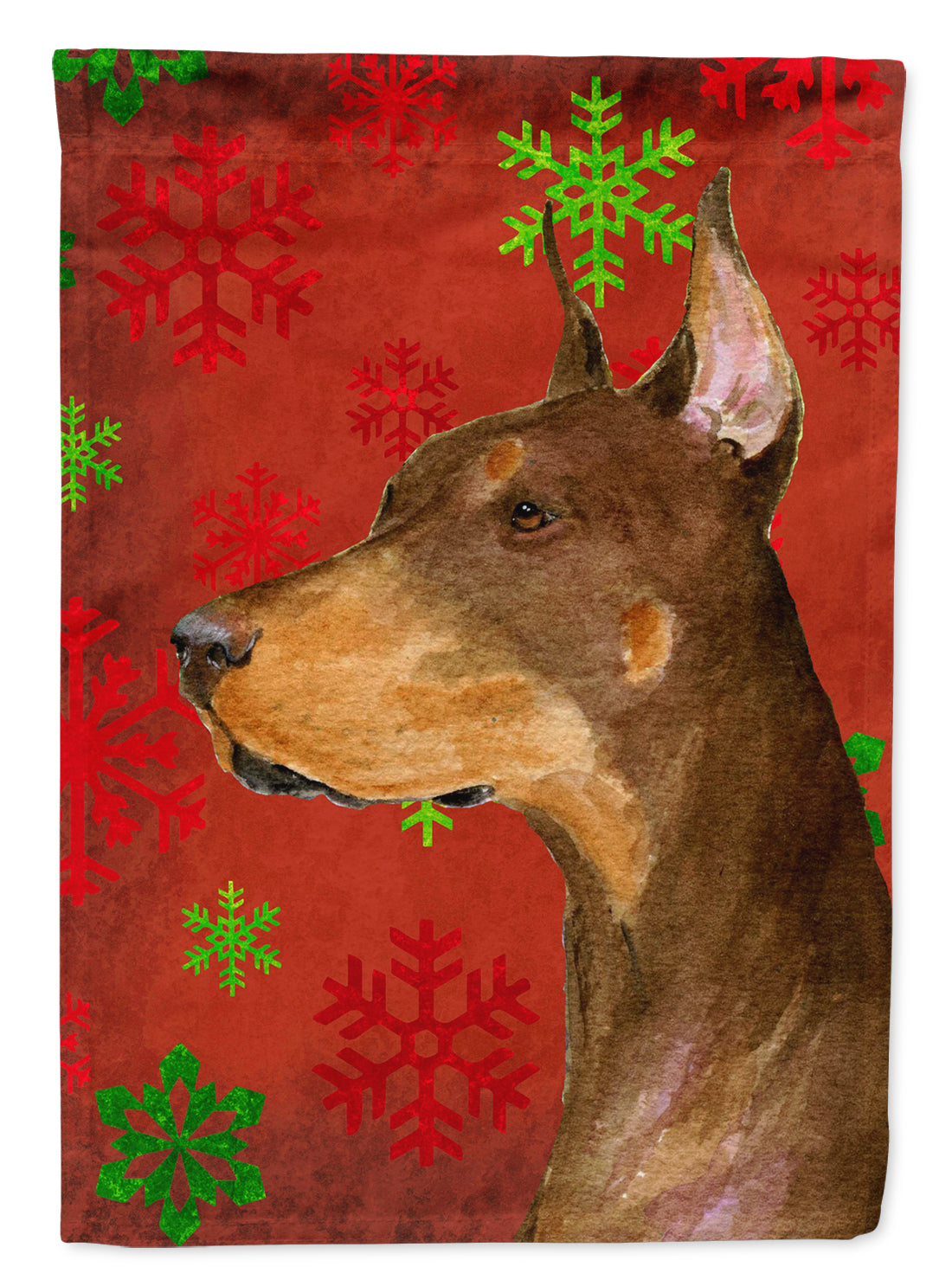 Doberman Red and Green Snowflakes Holiday Christmas House Flag 28x40 Porch Sleeve Pole Decorative Outside Yard Banner Artwork Wall Hanging, Polyester