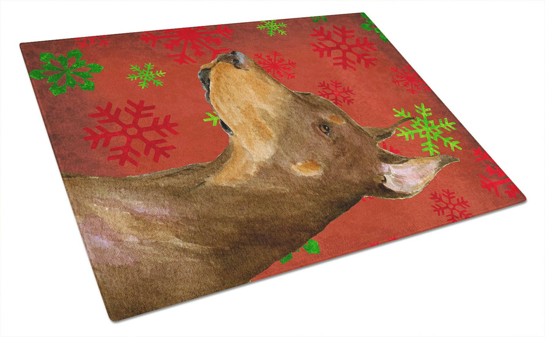 Doberman Red and Green Snowflakes Holiday Christmas Cutting Board Tempered Glass Kitchen Cutting Surface, Heat Resistant Chopping, Non-Slip Feet, Food Prep & Serving