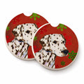 Dalmatian Red and Green Snowflakes Holiday Christmas Set of 2 Cup Holder Car Coasters Absorbent Round Sandstone Coasters Gifts for Men or Women, 2.5, Multicolor