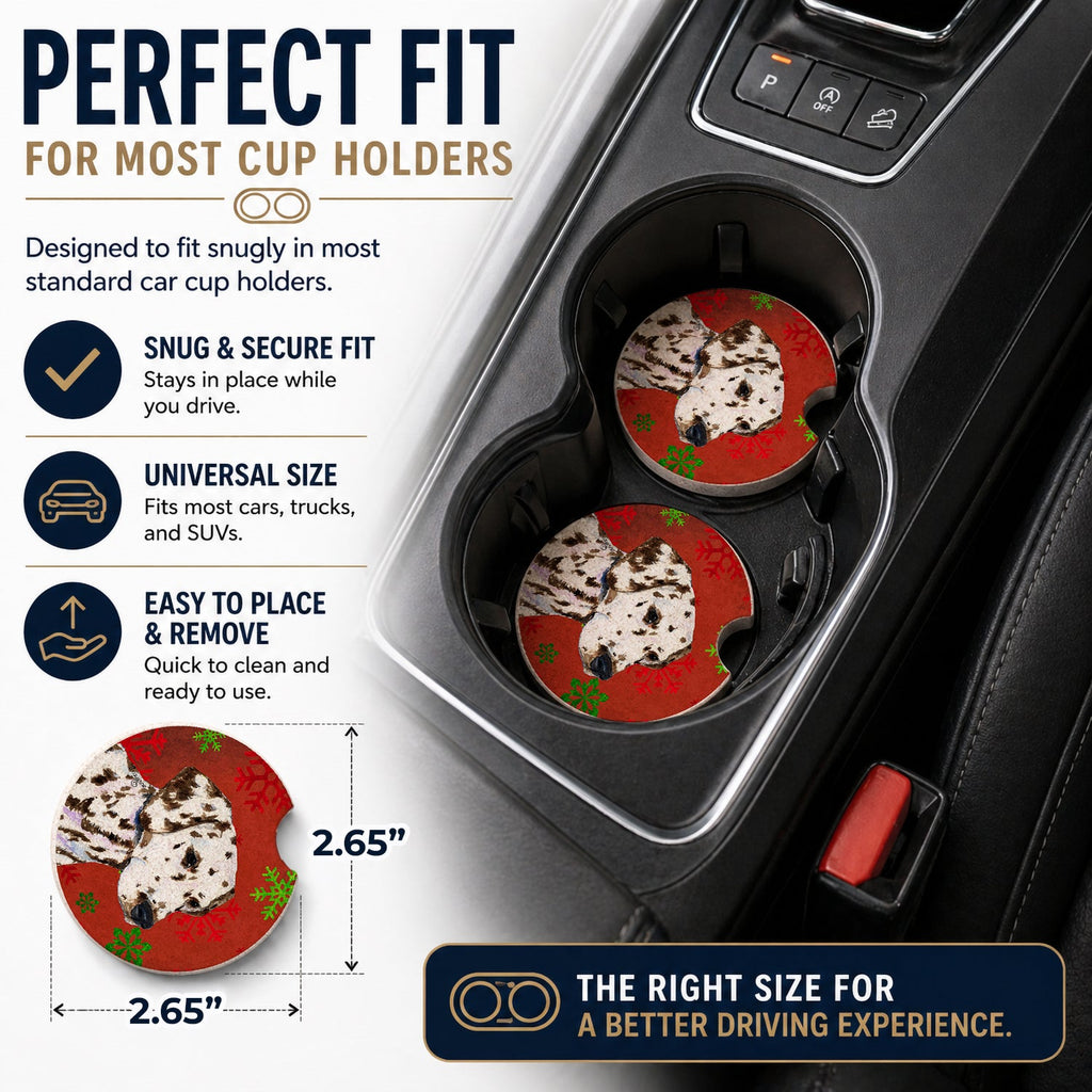 Dalmatian Red and Green Snowflakes Holiday Christmas Set of 2 Cup Holder Car Coasters Absorbent Round Sandstone Coasters Gifts for Men or Women, 2.5, Multicolor