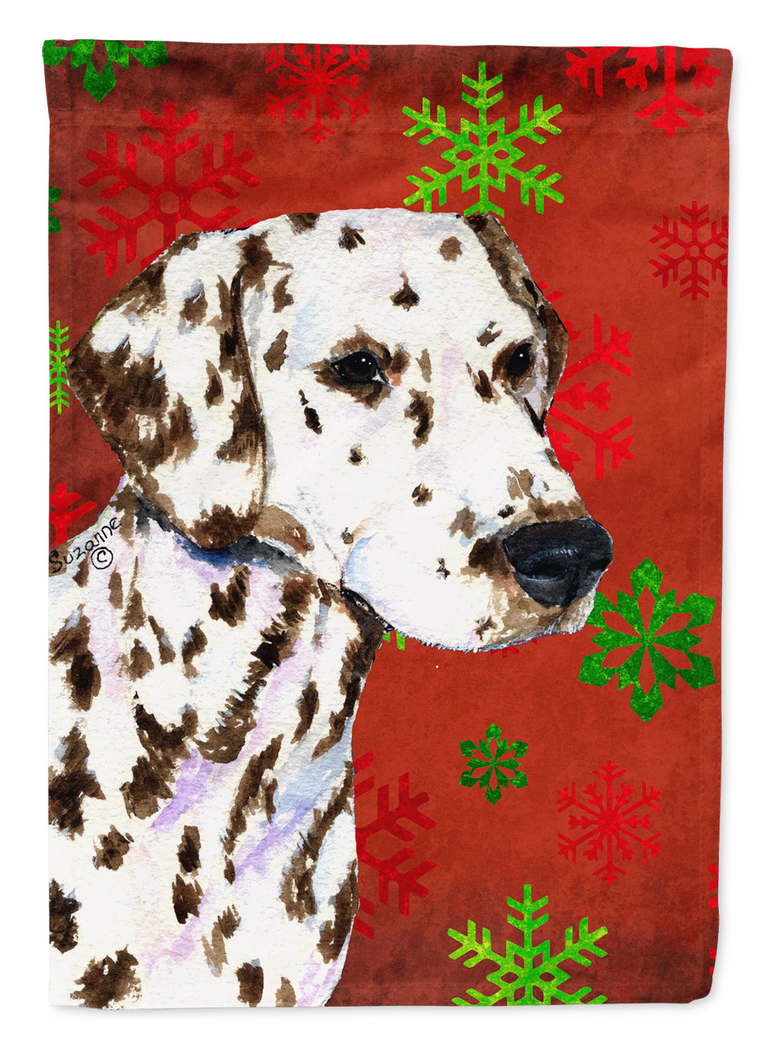Dalmatian Red and Green Snowflakes Holiday Christmas House Flag 28x40 Porch Sleeve Pole Decorative Outside Yard Banner Artwork Wall Hanging, Polyester