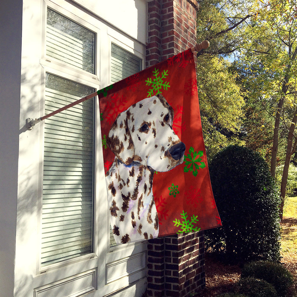 Dalmatian Red and Green Snowflakes Holiday Christmas House Flag 28x40 Porch Sleeve Pole Decorative Outside Yard Banner Artwork Wall Hanging, Polyester