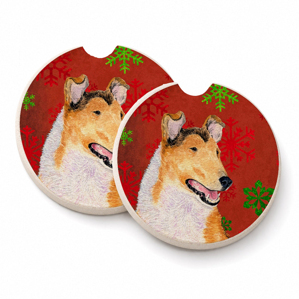 Collie Smooth Red Green Snowflakes Christmas Set of 2 Cup Holder Car Coasters Absorbent Round Sandstone Coasters Gifts for Men or Women, 2.5, Multicolor