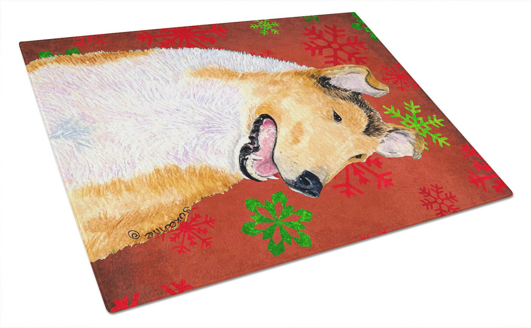 Collie Smooth Red Green Snowflakes Christmas Cutting Board Tempered Glass Kitchen Cutting Surface, Heat Resistant Chopping, Non-Slip Feet, Food Prep & Serving
