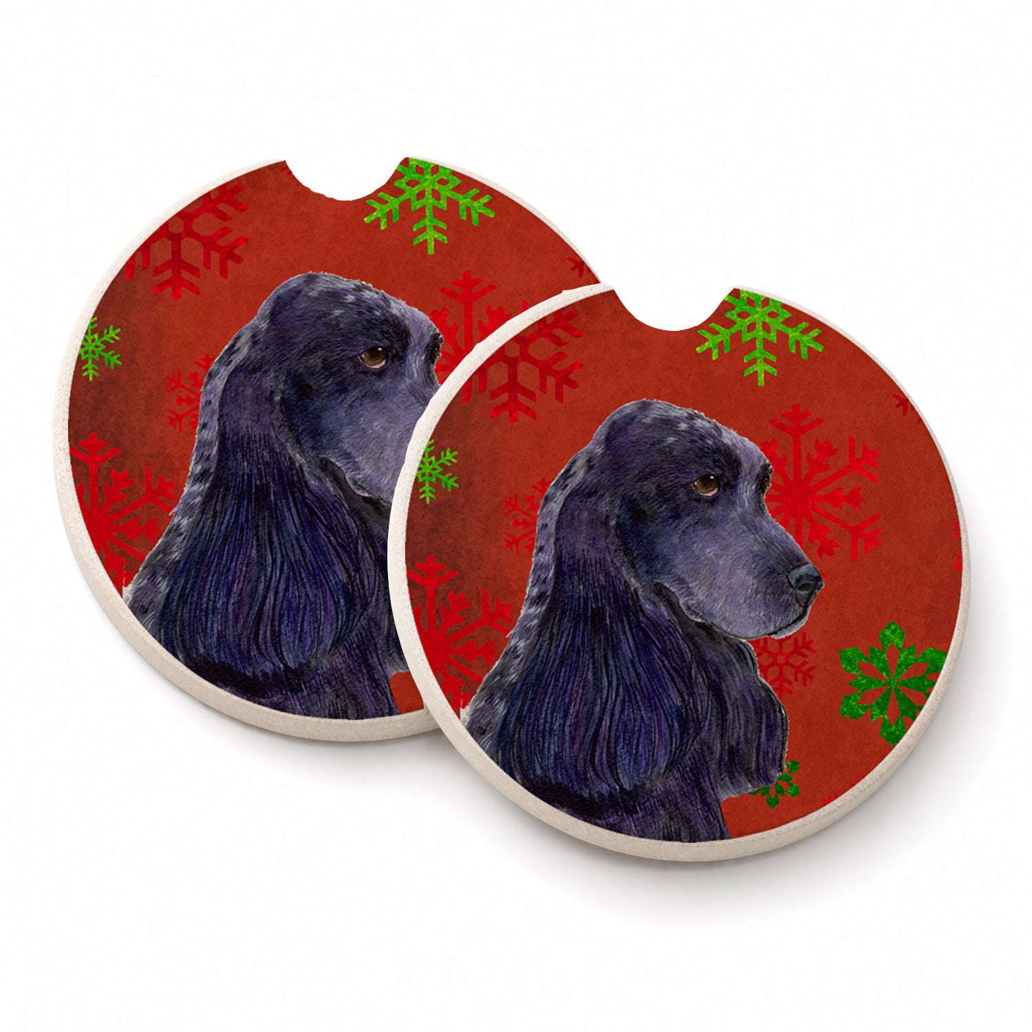 Cocker Spaniel Red Green Snowflakes Christmas Set of 2 Cup Holder Car Coasters Absorbent Round Sandstone Coasters Gifts for Men or Women, 2.5, Multicolor