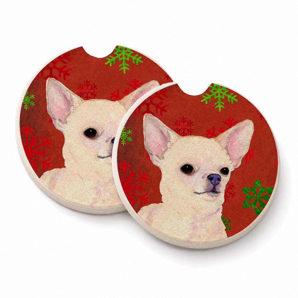 Chihuahua Red and Green Snowflakes Holiday Christmas Set of 2 Cup Holder Car Coasters Absorbent Round Sandstone Coasters Gifts for Men or Women, 2.5, Multicolor