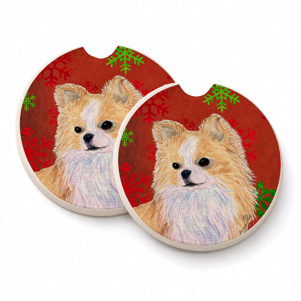 Chihuahua Red and Green Snowflakes Holiday Christmas Set of 2 Cup Holder Car Coasters Absorbent Round Sandstone Coasters Gifts for Men or Women, 2.5, Multicolor