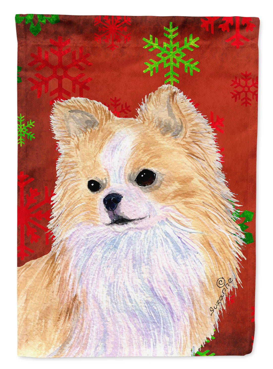 Chihuahua Red and Green Snowflakes Holiday Christmas House Flag 28x40 Porch Sleeve Pole Decorative Outside Yard Banner Artwork Wall Hanging, Polyester