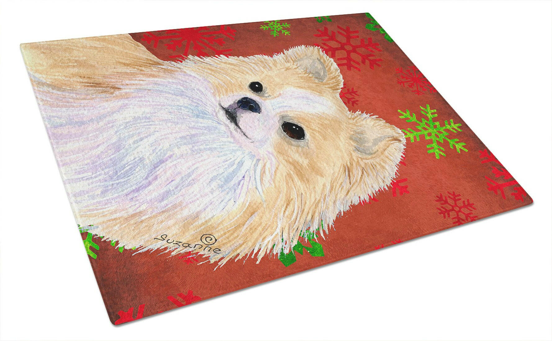 Chihuahua Red and Green Snowflakes Holiday Christmas Cutting Board Tempered Glass Kitchen Cutting Surface, Heat Resistant Chopping, Non-Slip Feet, Food Prep & Serving