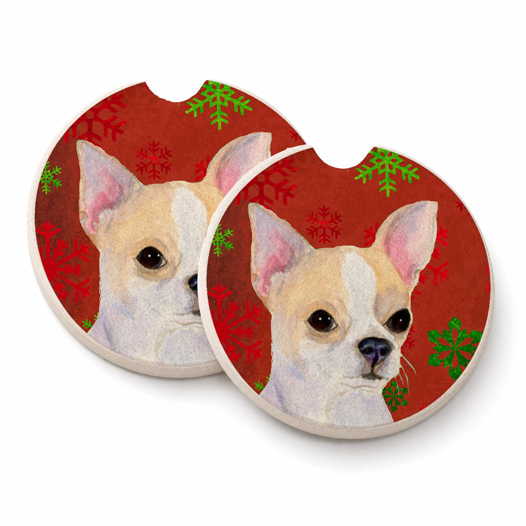 Chihuahua Red and Green Snowflakes Holiday Christmas Set of 2 Cup Holder Car Coasters Absorbent Round Sandstone Coasters Gifts for Men or Women, 2.5, Multicolor