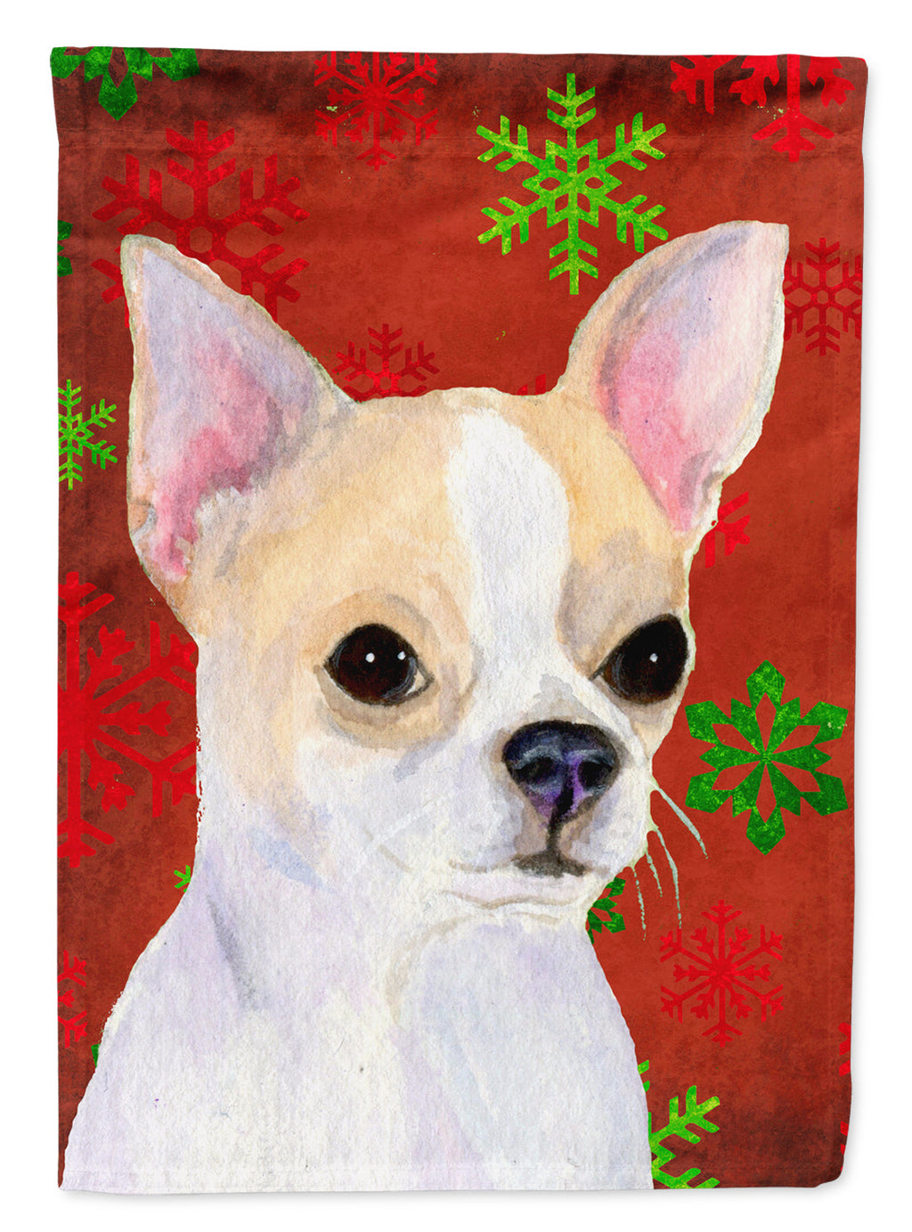 Chihuahua Red and Green Snowflakes Holiday Christmas House Flag 28x40 Porch Sleeve Pole Decorative Outside Yard Banner Artwork Wall Hanging, Polyester