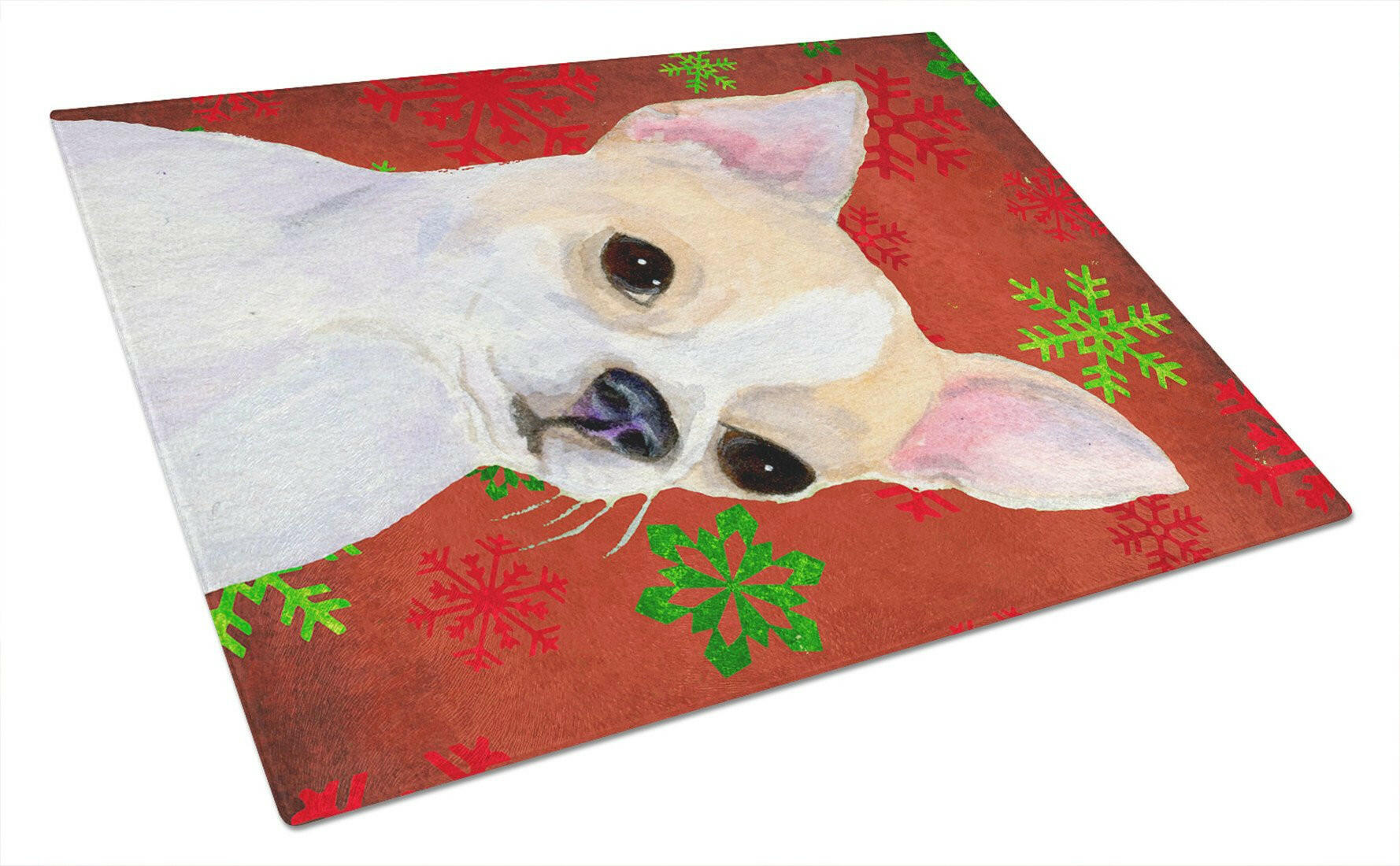 Chihuahua Red and Green Snowflakes Holiday Christmas Cutting Board Tempered Glass Kitchen Cutting Surface, Heat Resistant Chopping, Non-Slip Feet, Food Prep & Serving